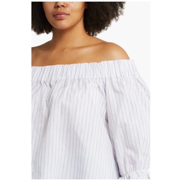 Harshman Coastal Gruner Off Shoulder Linen Blend Top White & Lavender Stripe 3X - Picture 4 of 13